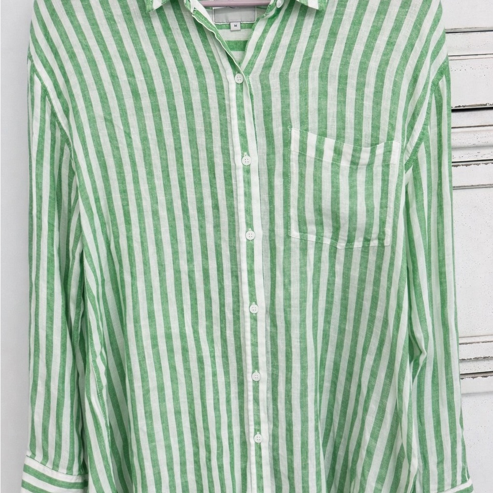 Rails Green White Striped Linen Button Down Shirt Blouse Size M